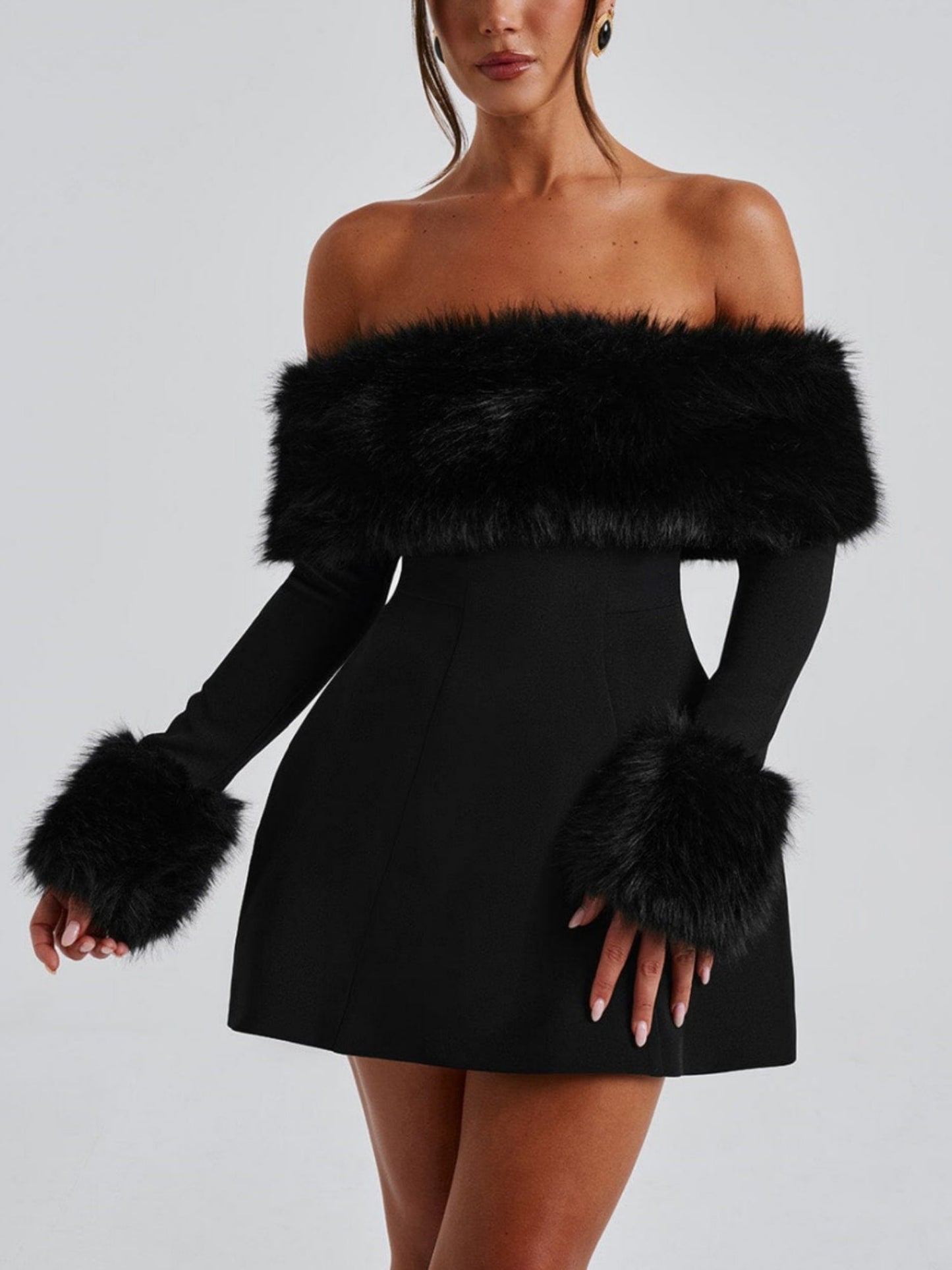 Loumiva - Off-Shoulder Fur Sleeve Mini Dress