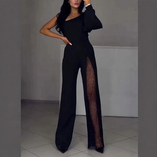 One Shoulder Sparkly Mesh Flared Jumpsuits (90% Off)