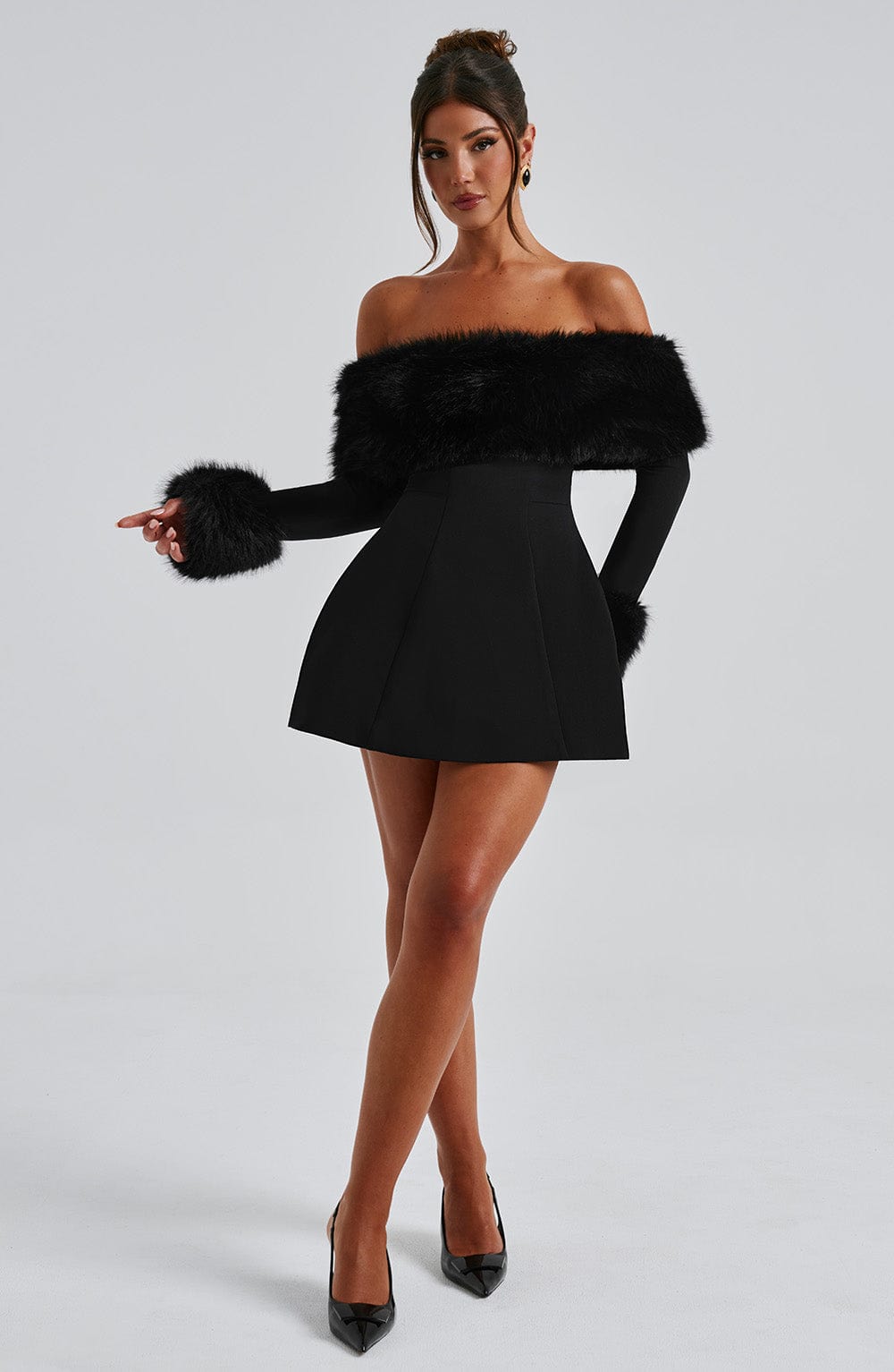 Loumiva - Off-Shoulder Fur Sleeve Mini Dress