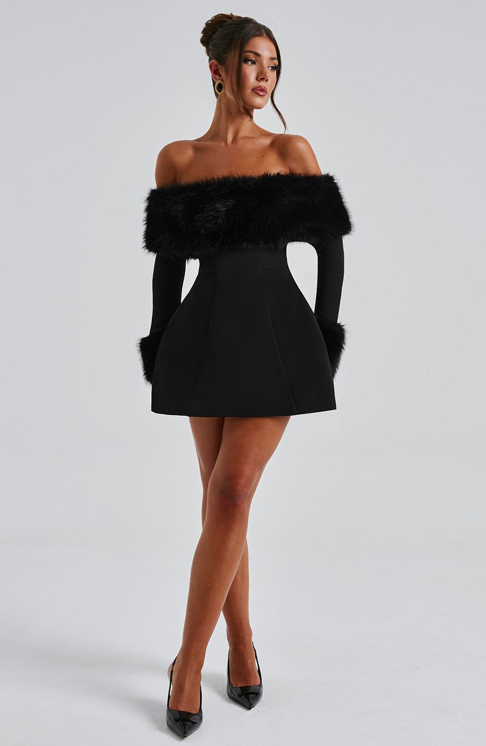 Loumiva - Off-Shoulder Fur Sleeve Mini Dress