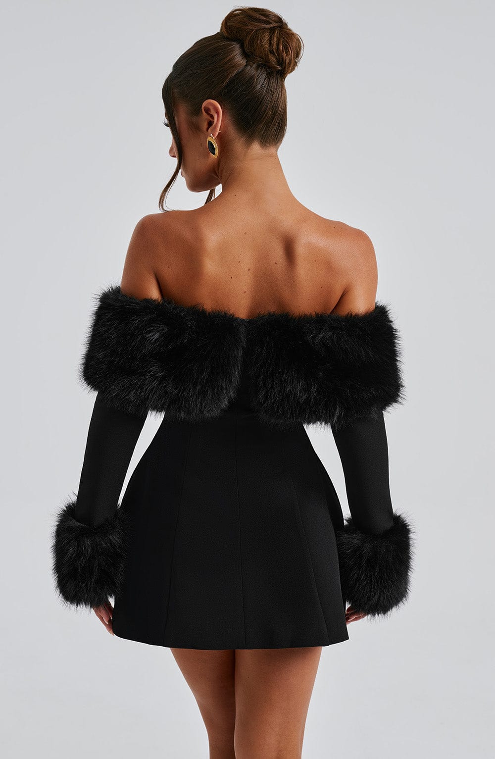 Loumiva - Off-Shoulder Fur Sleeve Mini Dress