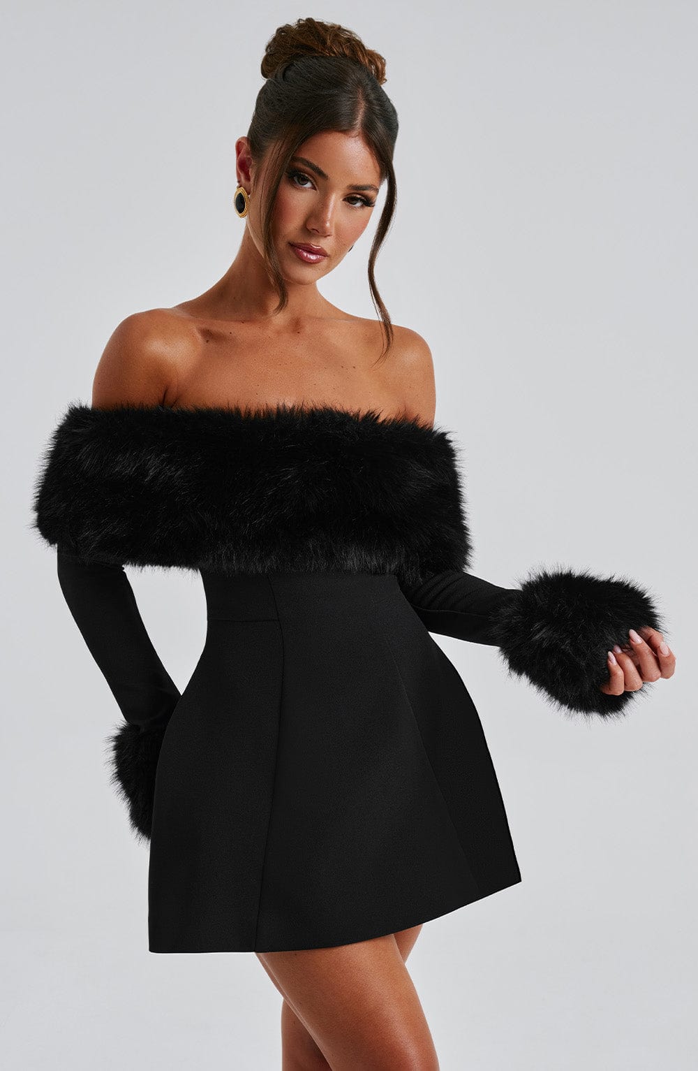 Loumiva - Off-Shoulder Fur Sleeve Mini Dress