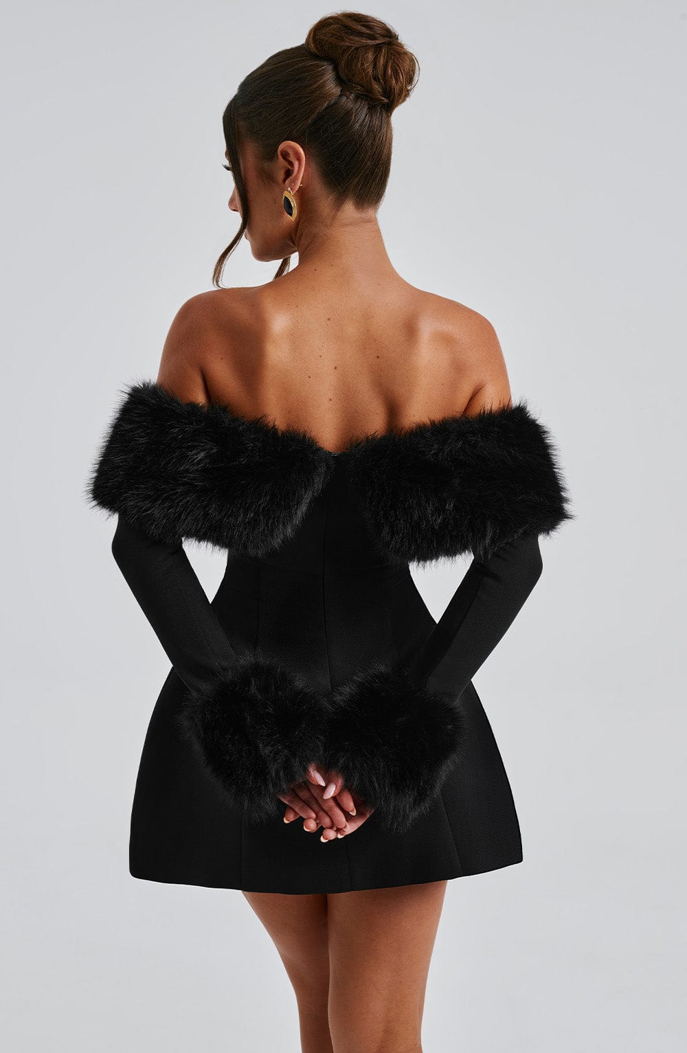 Loumiva - Off-Shoulder Fur Sleeve Mini Dress