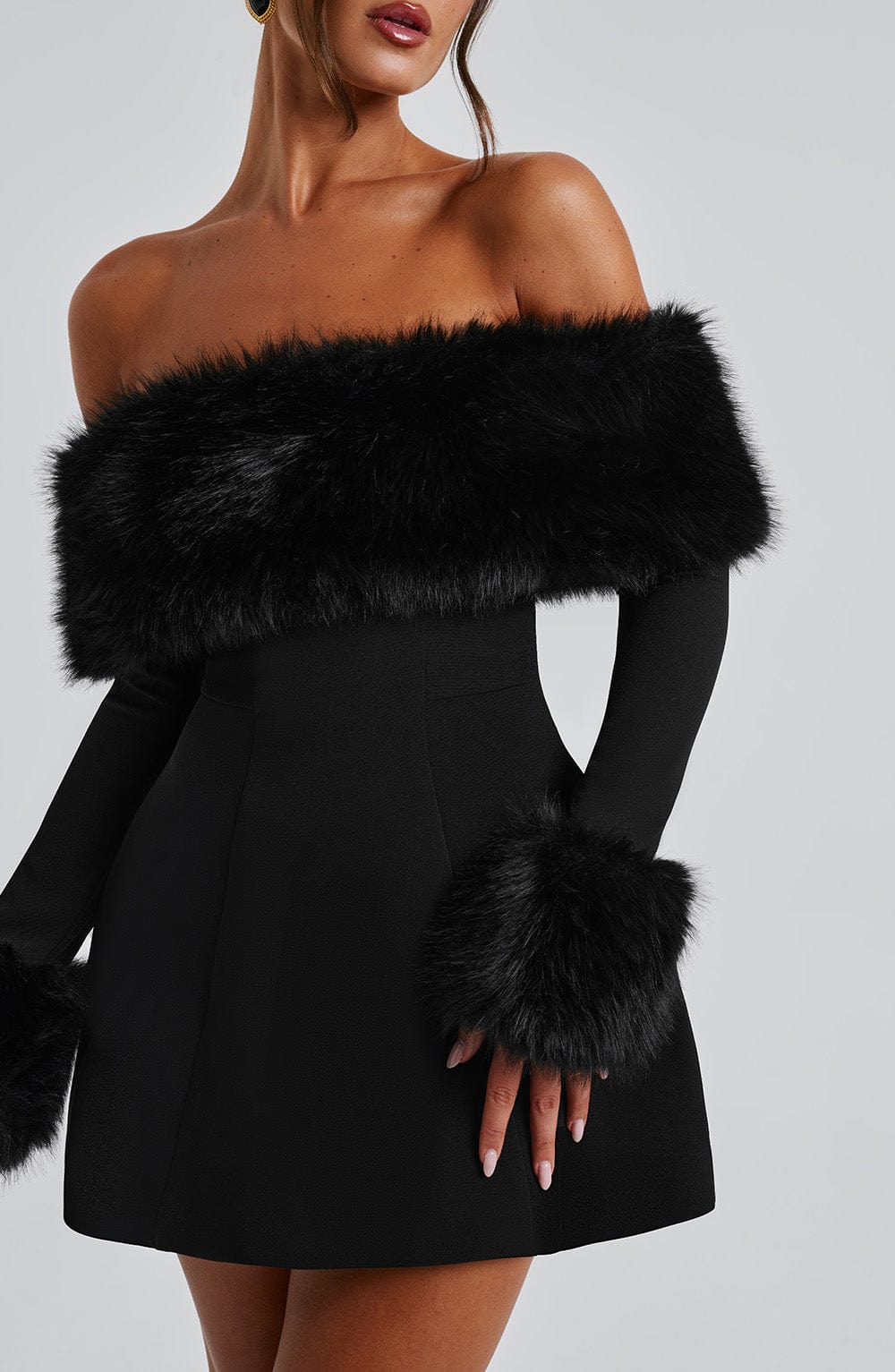 Loumiva - Off-Shoulder Fur Sleeve Mini Dress