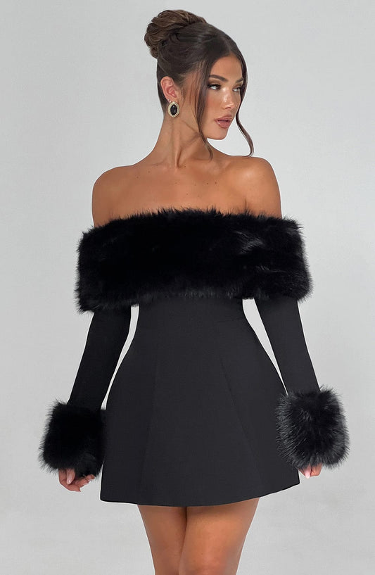 Loumiva - Off-Shoulder Fur Sleeve Mini Dress