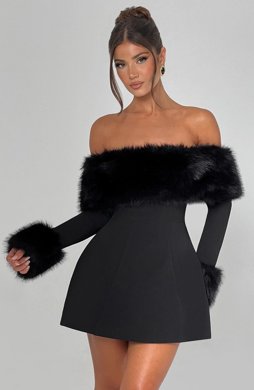 Loumiva - Off-Shoulder Fur Sleeve Mini Dress