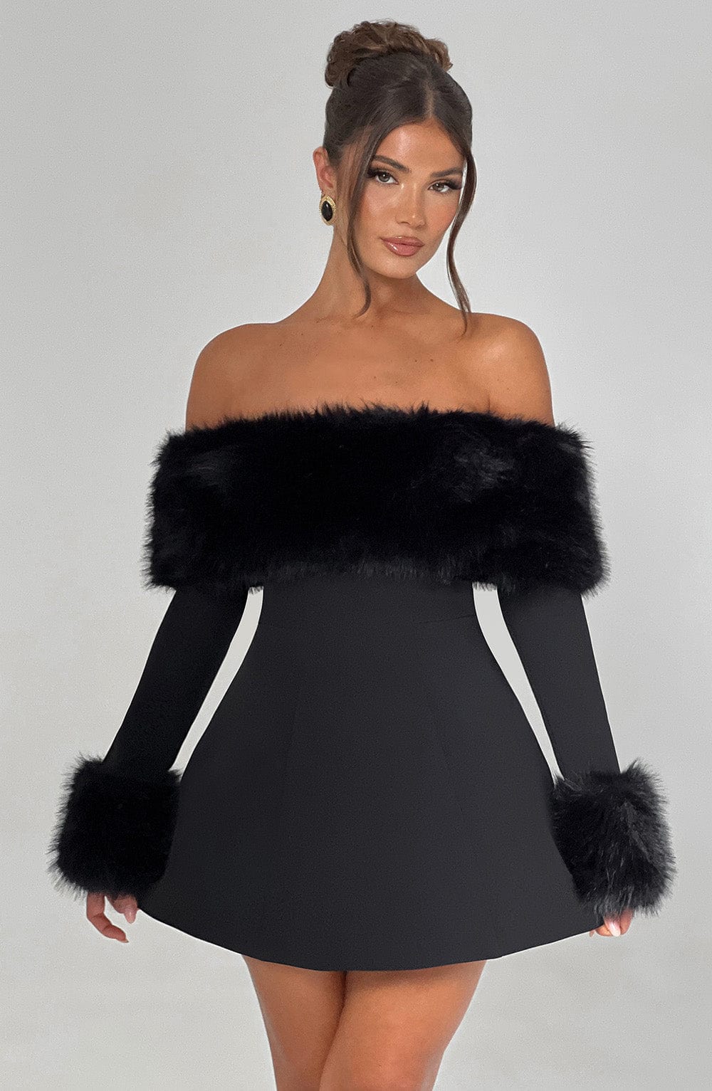 Loumiva - Off-Shoulder Fur Sleeve Mini Dress